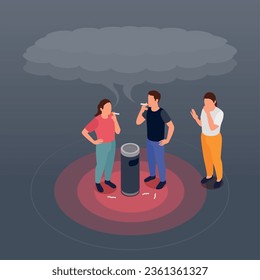 Air pollution isometric concept with people smoking in public place and woman breathing in tobacco vector illustration