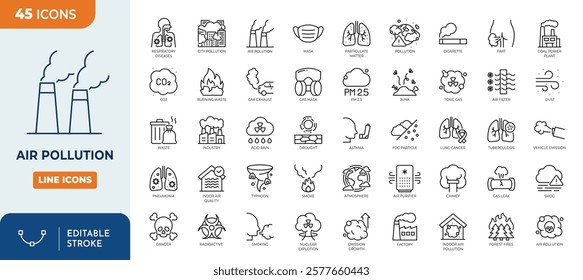 Air Pollution line editable icon set. Containing CO2, mask, air filter, PM 2.5, air purifier, car exhaust, indoor air quality, smog and more. vector illustration
