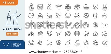 Air Pollution line editable icon set. Containing CO2, mask, air filter, PM 2.5, air purifier, car exhaust, indoor air quality, smog and more. vector illustration
