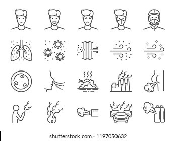 Air pollution line icon set. Included icons as smoke, smell, pollution, factory, dust and more.