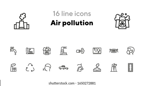 Conjunto de iconos de la línea de contaminación del aire. Fumes, símbolo de reciclaje, máscara médica. Concepto de ecología. Puede utilizarse para temas como el escape, la contaminación industrial, la salud o la naturaleza