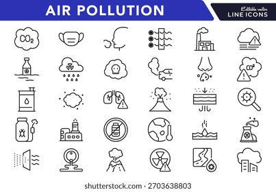 Symbolsatz für Luftverschmutzungslinie. CO2, Maske, Luftfilter, PM2.5, Luftreiniger, Autoabgas, Smog, Innenraumluftqualität, Rauch, Kohlenstoffemission, Waldbrand, Symbole, Vektorgrafik. Pixel-perfekter Strich