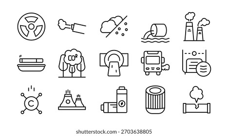 Air Pollution line icon set. CO2, mask, air filter, PM2.5, air purifier, car exhaust, smog, indoor air quality, smoke, carbon emission, forest fire, icons vector illustration. Pixel-perfect stroke