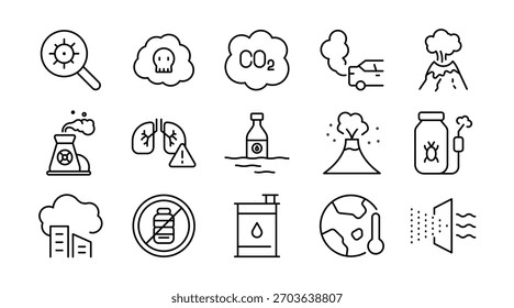 Air Pollution line icon set. CO2, mask, air filter, PM2.5, air purifier, car exhaust, smog, indoor air quality, smoke, carbon emission, forest fire, icons vector illustration. Pixel-perfect stroke