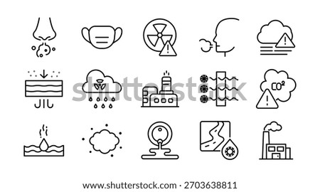 Air Pollution line icon set. CO2, mask, air filter, PM2.5, air purifier, car exhaust, smog, indoor air quality, smoke, carbon emission, forest fire, icons vector illustration. Pixel-perfect stroke