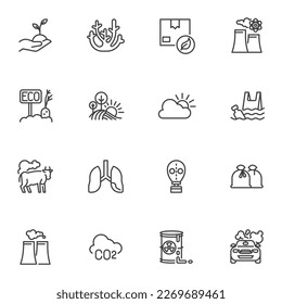 Air pollution line icons set, outline vector symbol collection, linear style pictogram pack. Signs, logo illustration. Set includes icons as water pollution, smoke, dust, gas, emission, pipe smoke