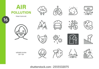 Air Pollution Line Icons Set. Vector Outline Collection of Environmental Hazards, Health Issues, and Contamination Symbols. Air Pollution Isolated and Editable Pictograms. 