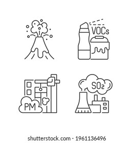 Air pollution linear icons set. Household product with dangerous components inside. Volcanic eruption. Customizable thin line contour symbols. Isolated vector outline illustrations. Editable stroke