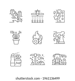 Air pollution linear icons set. People damaging planet environment and atmosphere. Rubish increasing. Customizable thin line contour symbols. Isolated vector outline illustrations. Editable stroke