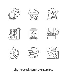 Air pollution linear icons set. Dangerous and toxic dust in air. Health problems because of pollution. Customizable thin line contour symbols. Isolated vector outline illustrations. Editable stroke