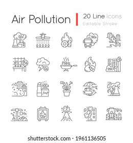Air pollution linear icons set. Fighting pollution disaster problems. People damaging own home. Customizable thin line contour symbols. Isolated vector outline illustrations. Editable stroke