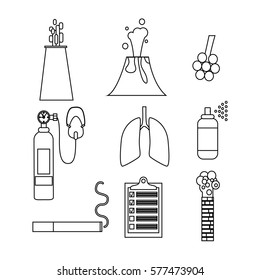 Air pollution and lung disease icon set. Stock vector illustration of emissions from factory, household spray, volcano, smoking.