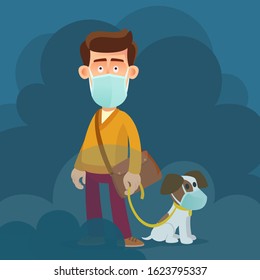 Air pollution. Man and dog with protective masks on face, protection from poisoned urban air. Smog, polluted toxic air, respiratory disease. Vector illustration, flat design, cartoon style.