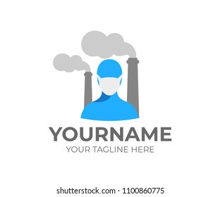 Air pollution and man in mask for mouth on background of smoking industrial pipes from factories and factory, logo template. Ecological and environmental, vector design. Environment illustration