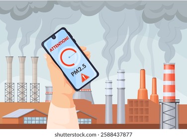 Air pollution measurement. PM2. 5 alert dust meter in smartphone mobile app, hand holding phone with warning notification dirty city polluted environment, neat vector illustration original artwork