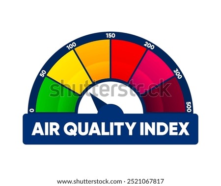 Air Pollution meter. Air Quality Index scale. Low and High level. Gauge with quality index dial showing. Vector illustration.
