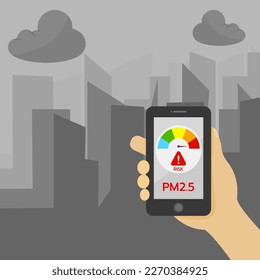 Alerta de notificación de contaminación del aire en aplicación para smartphone. PM2.5 alerta a niveles peligrosos para la salud. Medidor de alerta PM2.5. Aire duro o polvo tóxico en la ciudad para campaña de afiches, medios educativos.