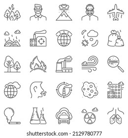 Air Pollution outline icons set - vector contamination in atmosphere, dust, gas, smoke, factory concept symbols