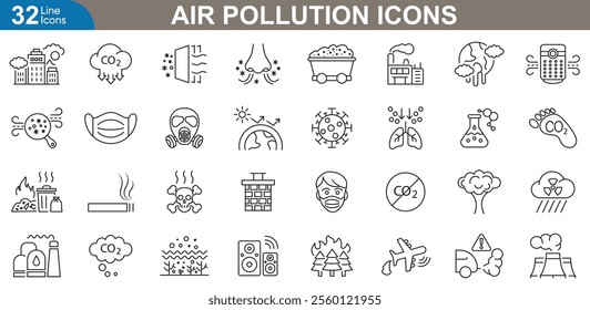 Air pollution outline icons set. Air quality, smog, factory pollution, vehicle exhaust, global warming, dust particles, acid rain, smoke clouds and more. vector illustration.