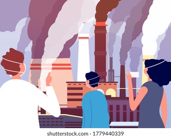 Air pollution. People look at factories produce smoke from pipes. Critical environmental conditions. Guys in protective dust masks vector illustration