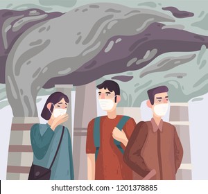 Air pollution. People in masks because of smog and fine dust. Vector illustration.
