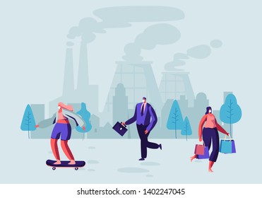 Air Pollution, People in Protective Face Masks Walk on Street Against Factory Pipes Emitting Smoke. Every Day Life, Fine Dust, Industrial Smog, Pollutant Gas Emission. Cartoon Flat Vector Illustration