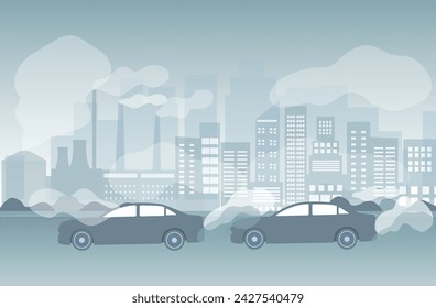 Contaminación del aire, pm 2.5, contaminación de la industria, nubes tóxicas de humo de carretera y contaminación del medio ambiente, y la ilustración vectorial de dióxido de carbono del vehículo.