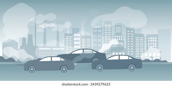 Air pollution, pm 2.5, industry pollution, toxic road smoke clouds and environment pollution,  and vehicle carbon dioxide vector illustration.