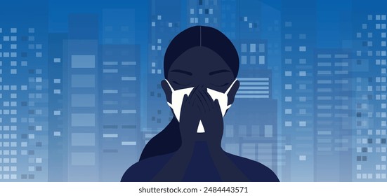 Contaminación del aire, pm 2.5, contaminación de la industria, nubes tóxicas de humo de carretera y contaminación del medio ambiente, y el dióxido de carbono del vehículo, la mujer que lleva máscara protectora