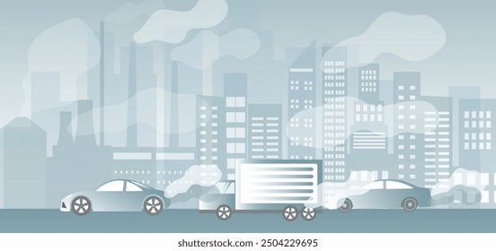 Air pollution, pm 2.5, industry pollution, toxic road smoke clouds and environment pollution,  and vehicle carbon dioxide vector illustration.