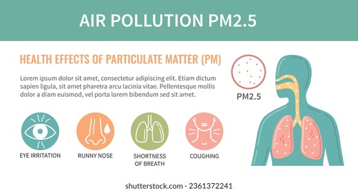 Air pollution pm2.5 particles flat infographics with circle shaped icons representing different symptoms and harmful health effects vector illustration