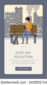 Air pollution prevention app screen template. Stop industrial smog and gas waste contamination onboarding smartphone website design. Factory emissions negative influence