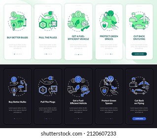 Air pollution prevention night, day mode onboarding mobile app screen. Walkthrough 5 steps graphic instructions pages with linear concepts. UI, UX, GUI template. Myriad Pro-Bold, Regular fonts used