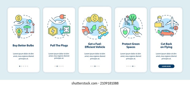 Air pollution prevention onboarding mobile app screen. Walkthrough 5 steps graphic instructions pages with linear concepts. UI, UX, GUI template. Myriad Pro-Bold, Regular fonts used