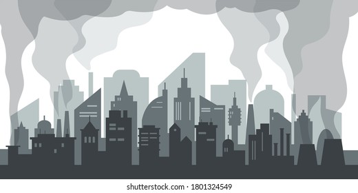 Air pollution problem in big city.   Silhouette of modern city with skyscrapers, factories and plants. Pollution of cities concept. Urban landscape vector illustration.