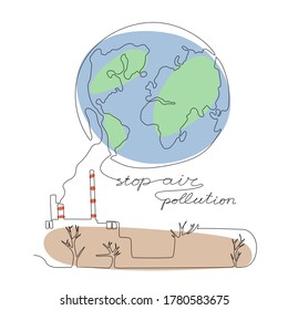 Air pollution problem concept. 
Factory polluting the planet. One line illustration.