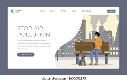 Air pollution problem landing page template. Industrial emissions, gas waste contamination one page website flat design. Man and dog in protective mask cartoon character inhaling smog and dust