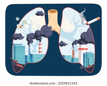 Factores de riesgo de contaminación del aire para enfermedades de los cerdos. Humo de chimeneas de fábrica, cigarrillos, escape de vehículos, riesgo de virus para la salud respiratoria. Medio ambiente, concepto de cuidado de órganos ilustración vectorial plana