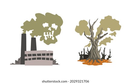 Air Pollution Set, Environmental Pollution of Industrial Waste Cartoon Vector Illustration