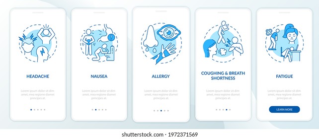 Air pollution sickness symptoms onboarding mobile app page screen with concepts. Migraine, allergy walkthrough 5 steps graphic instructions. UI, UX, GUI vector template with linear color illustrations