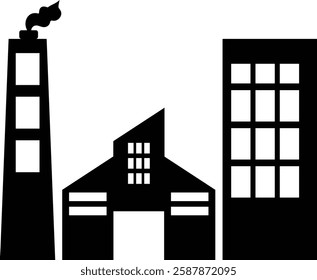 Air pollution silhouette icon in industrial and commercial buildings