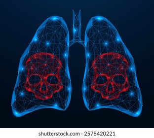 Air pollution, a skull inside a person's lungs. Polygonal design of interconnected lines and dots. Blue background.