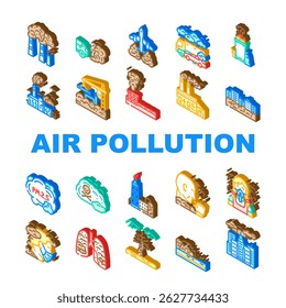 poluição do ar smog emissions icons set vetor. partículas ozônio, fumo de carbono, fuligem, contaminantes, acidificação smokstacks poluição do ar smog emissions isometric sign ilustrações