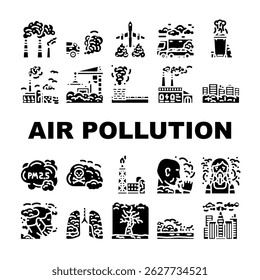 poluição do ar smog emissions icons set vetor. partículas ozônio, fumo de carbono, fuligem, contaminantes, acidificação smokstacks poluição do ar smog emissions gliph pictograma Ilustrações