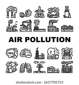 air pollution smog emissions icons set vector. particulates ozone, carbon smoke, soot, contaminants, acidification smokestacks air pollution smog emissions black contour illustrations