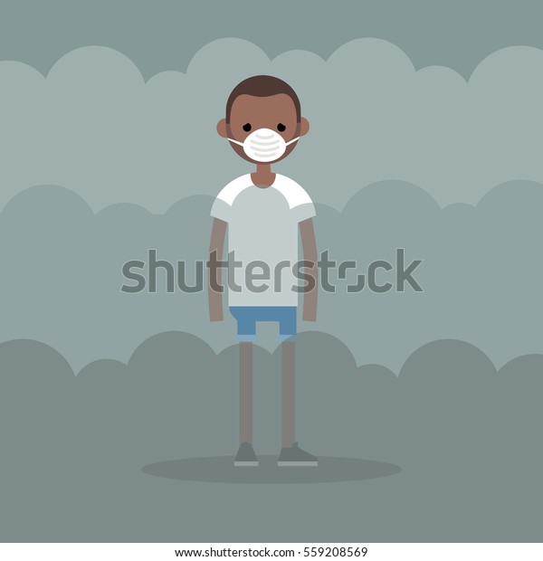 Air\
pollution. Smog. Young black character wearing a protective face\
mask / flat editable illustration, clip\
art