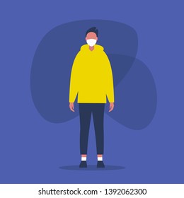 Air pollution. Smog. Young male character wearing a protective face mask / flat editable illustration, clip art