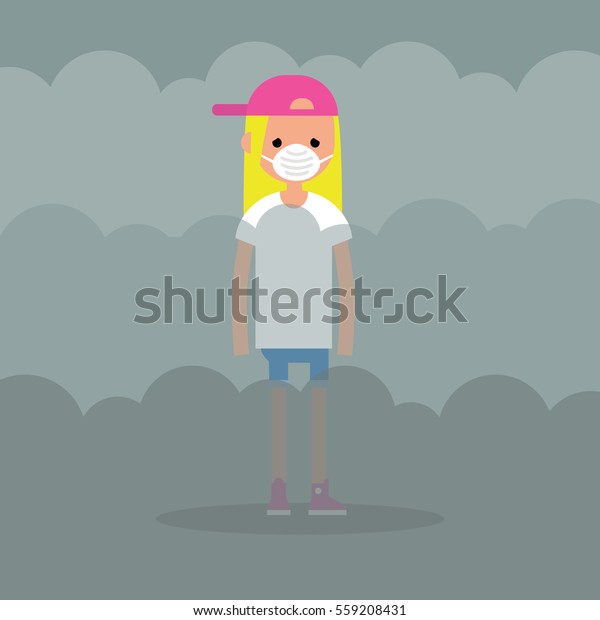 Air pollution.
Smog. Young teenage girl wearing a protective face mask / flat
editable illustration, clip
art