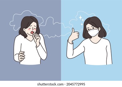 Air pollution and smoke concept. Young woman cartoon character standing coughing and wearing protective face mask against smoke vector illustration 