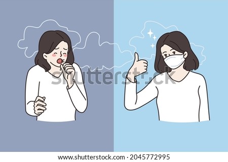 Air pollution and smoke concept. Young woman cartoon character standing coughing and wearing protective face mask against smoke vector illustration 